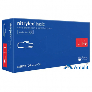 Рукавички нітрилові Nitrylex PF Protect Basic, блакитні, розмір «L» (Mercator Medical), 50 пар/пак.